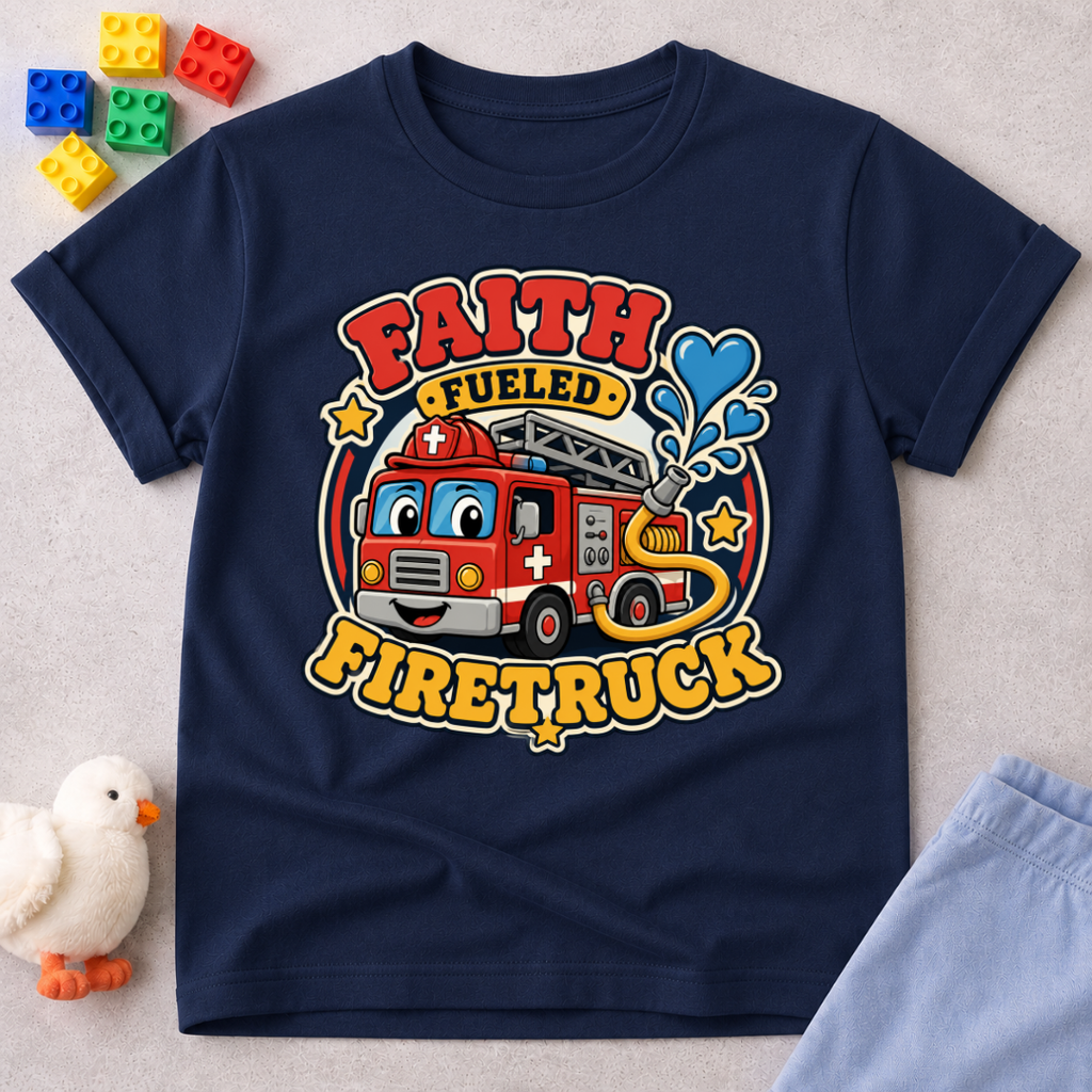 Faith Fueled Firetruck Christian kids shirt in navy featuring a smiling firetruck with faith-inspired artwork

