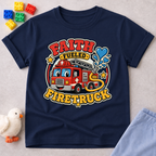 Faith Fueled Firetruck Christian kids shirt in navy featuring a smiling firetruck with faith-inspired artwork
