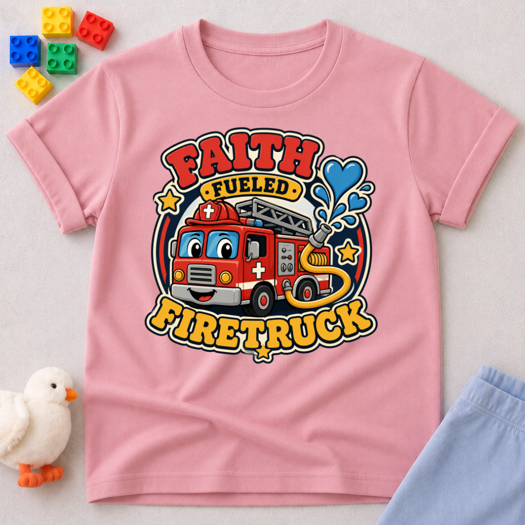 Faith Fueled Firetruck Christian kids shirt in pink featuring a smiling firetruck with faith-inspired artwork
