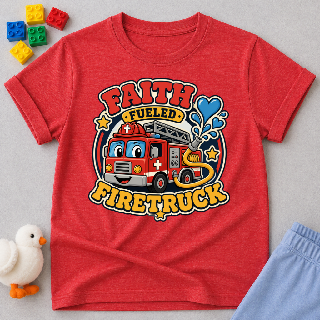 Faith Fueled Firetruck Christian kids shirt in red featuring a smiling firetruck with faith-inspired artwork
