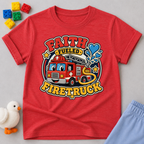 Faith Fueled Firetruck Christian kids shirt in red featuring a smiling firetruck with faith-inspired artwork
