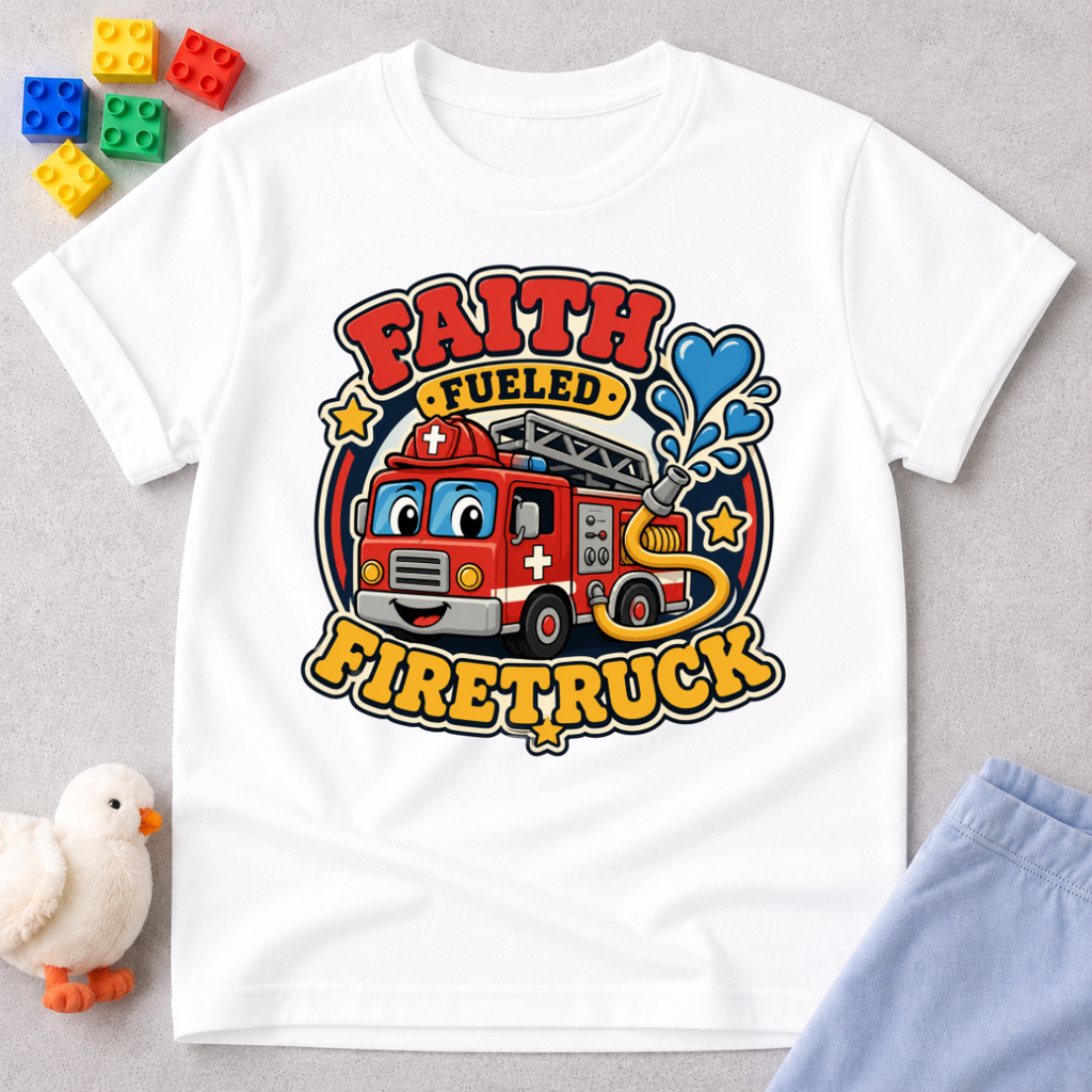 Faith Fueled Firetruck Christian kids shirt in white featuring a smiling firetruck with faith-inspired artwork
