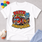 Faith Fueled Firetruck Christian kids shirt in white featuring a smiling firetruck with faith-inspired artwork

