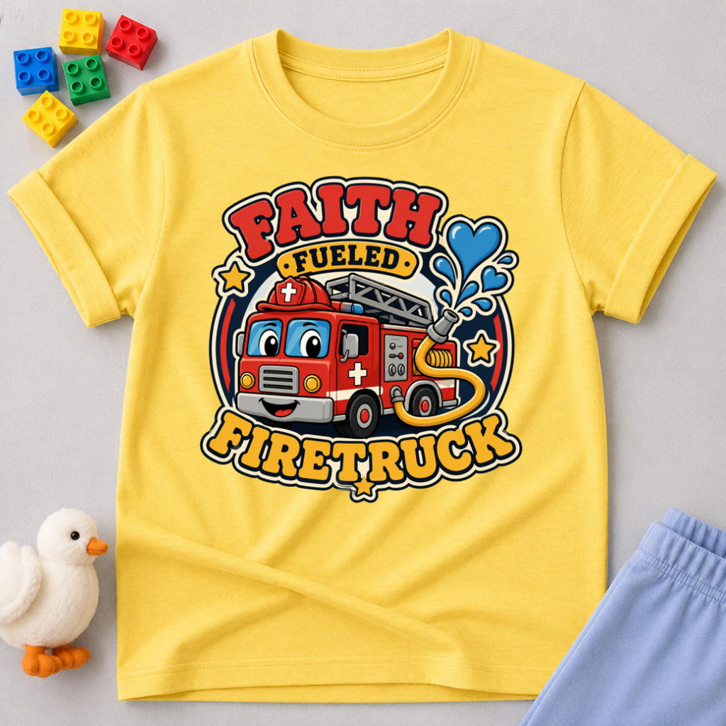Faith Fueled Firetruck Christian kids shirt in yellow featuring a smiling firetruck with faith-inspired artwork
