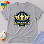 Faith Hero Badge Shirt Christian kids shirt in Gray featuring a hero badge and cross symbol