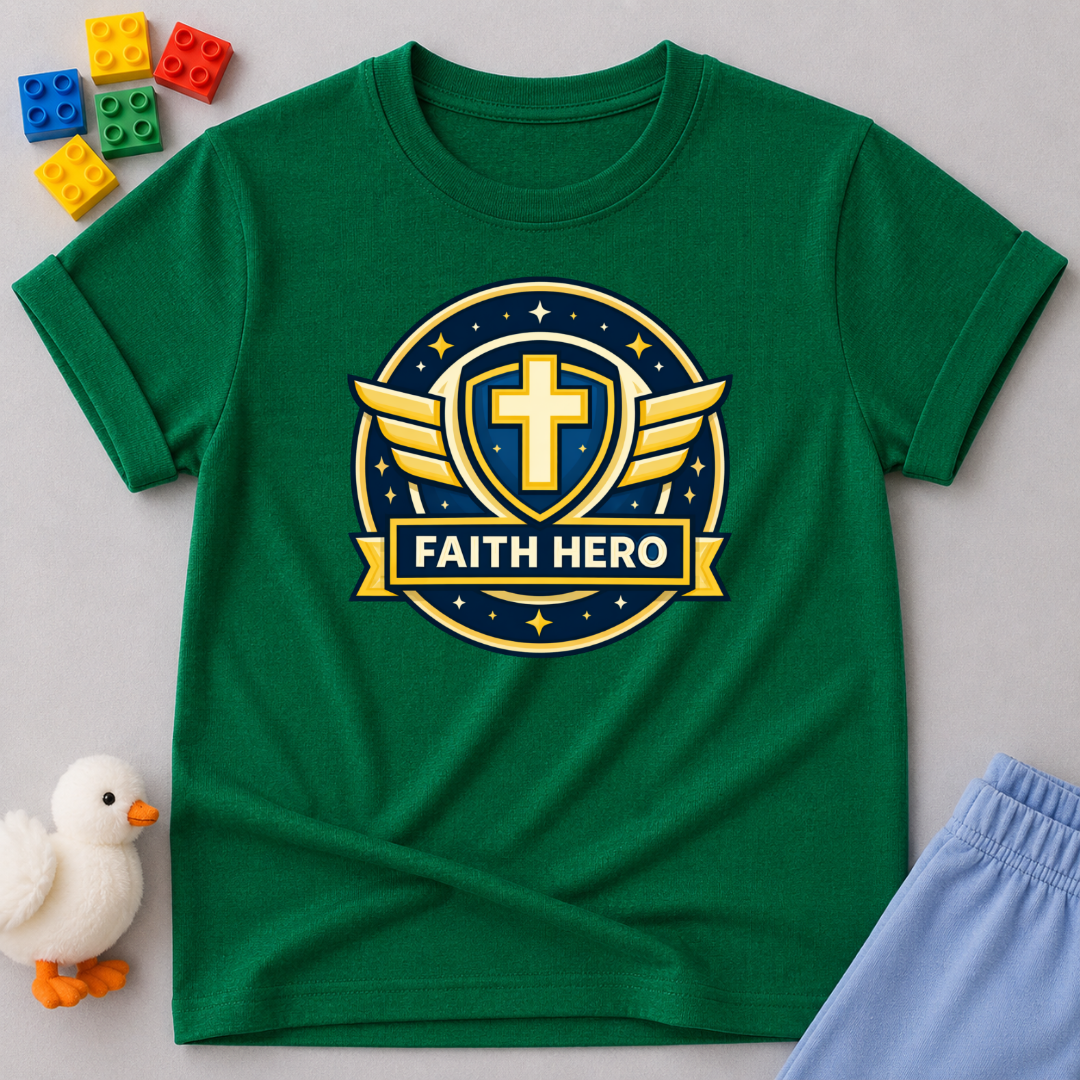 Faith Hero Badge Shirt Christian kids shirt in Green featuring a hero badge and cross symbol