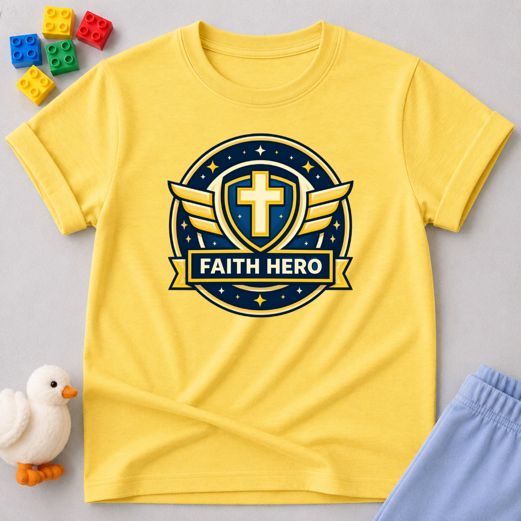 Faith Hero Badge Shirt Christian kids shirt in Yellow featuring a hero badge and cross symbol