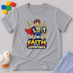 Faith Is My Superpower Shirt Christian kids shirt in Gray featuring a superhero child with shield and cape