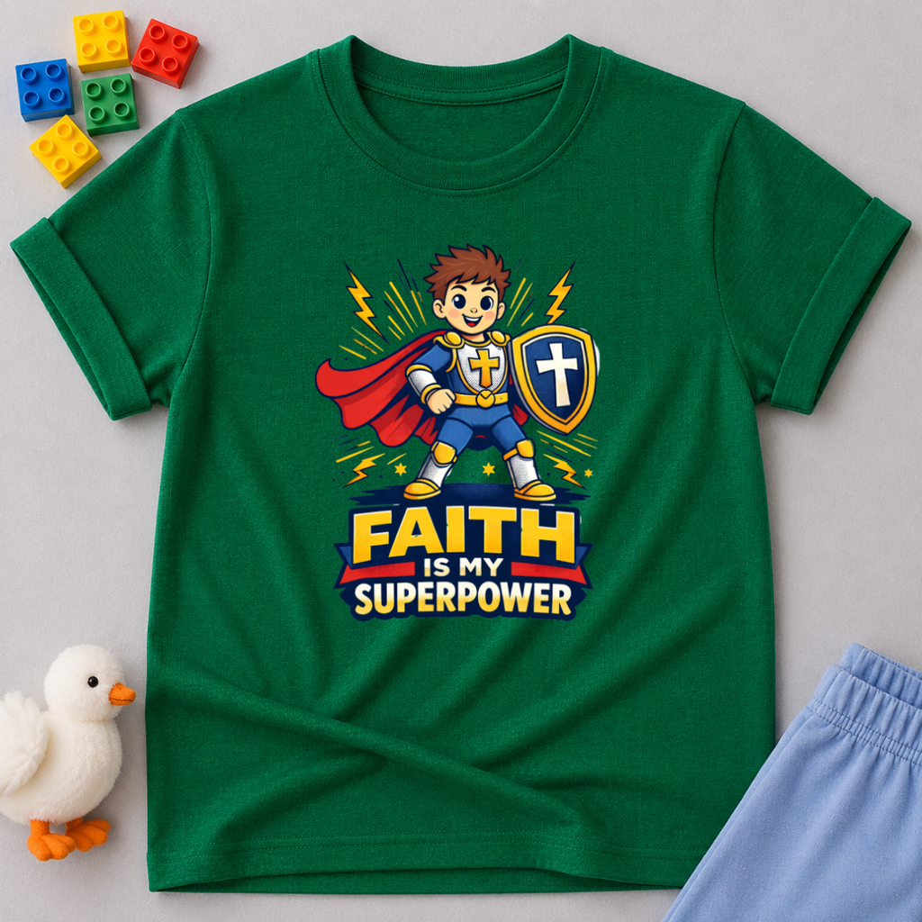 Faith Is My Superpower Shirt Christian kids shirt in Green featuring a superhero child with shield and cape