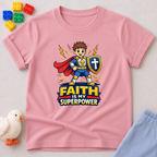 Faith Is My Superpower Shirt Christian kids shirt in Pink featuring a superhero child with shield and cape