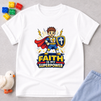Faith Is My Superpower Shirt Christian kids shirt in White featuring a superhero child with shield and cape