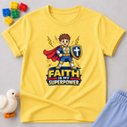 Faith Is My Superpower Shirt Christian kids shirt in Yellow featuring a superhero child with shield and cape