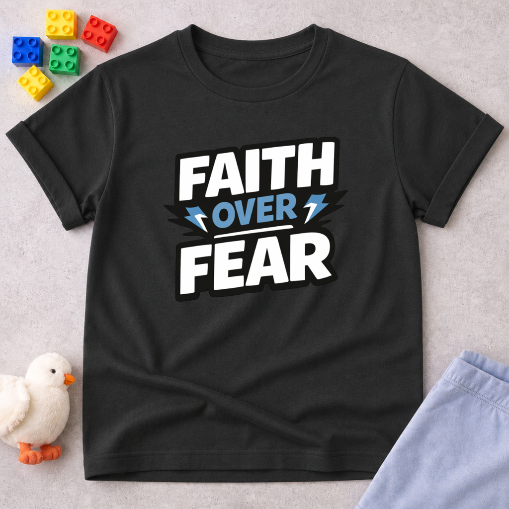 Faith Over Fear Shirt Christian kids shirt in Black featuring bold faith-inspired typography