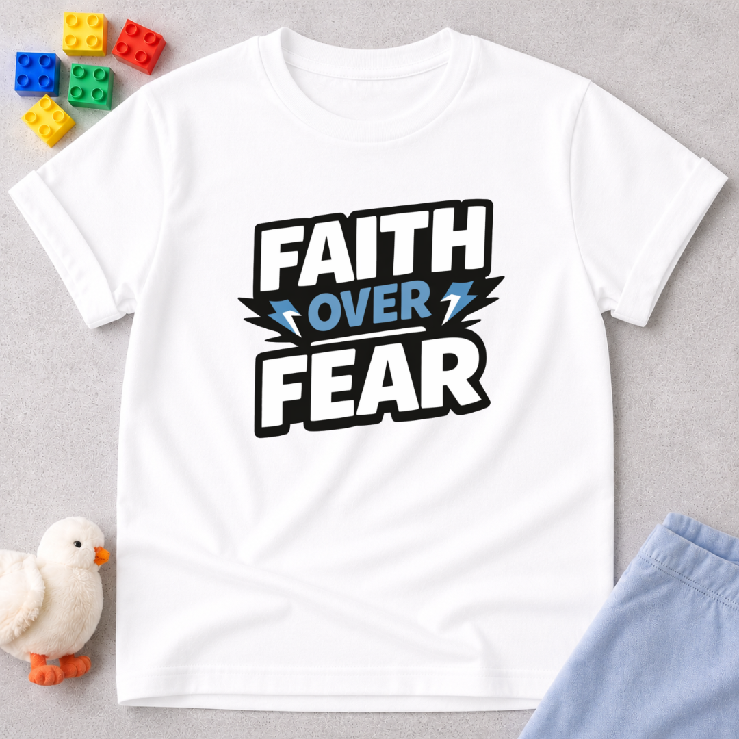 Faith Over Fear Shirt Christian kids shirt in White featuring bold faith-inspired typography