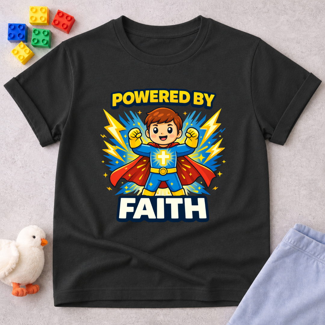 Faith Powered Hero Christian kids shirt in Black featuring a young superhero powered by faith