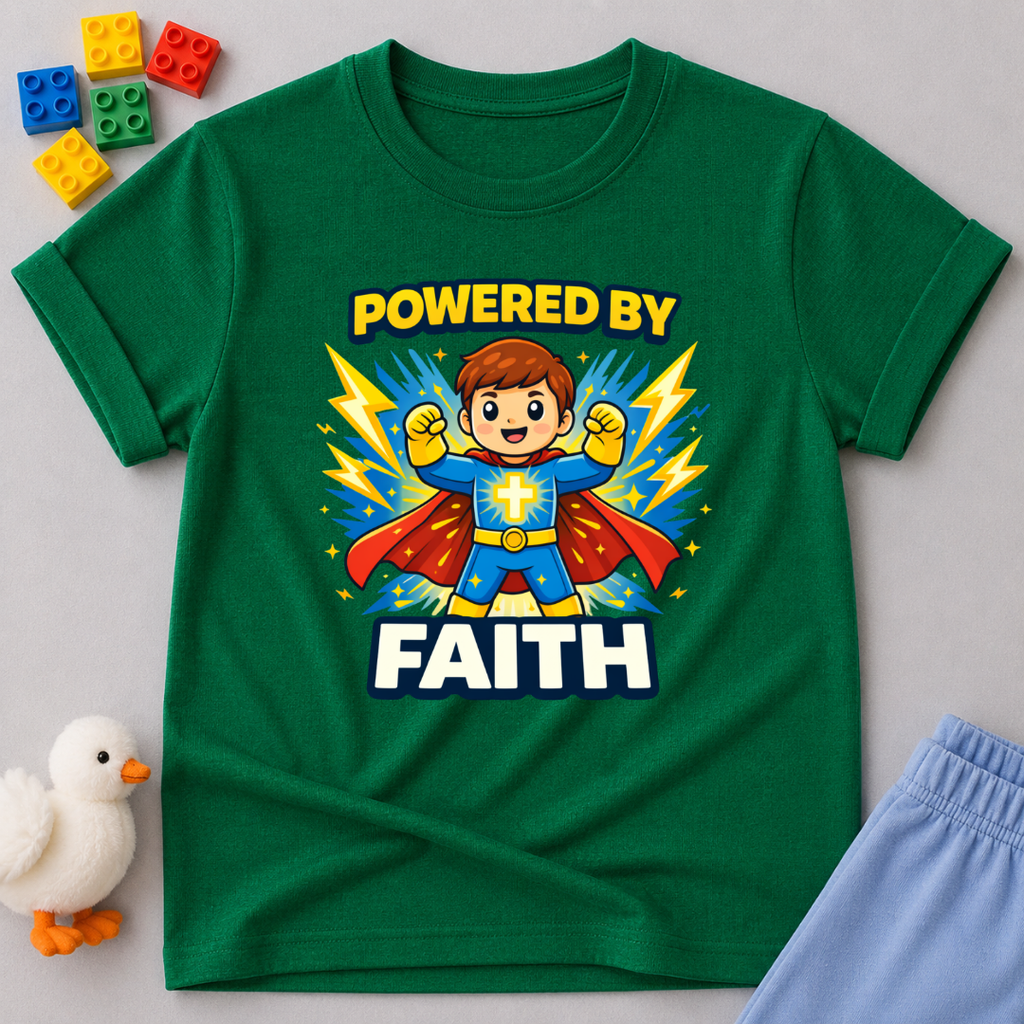 Faith Powered Hero Christian kids shirt in Green featuring a young superhero powered by faith