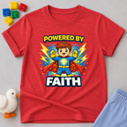 Faith Powered Hero Christian kids shirt in Red featuring a young superhero powered by faith