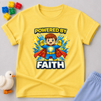 Faith Powered Hero Christian kids shirt in Yellow featuring a young superhero powered by faith