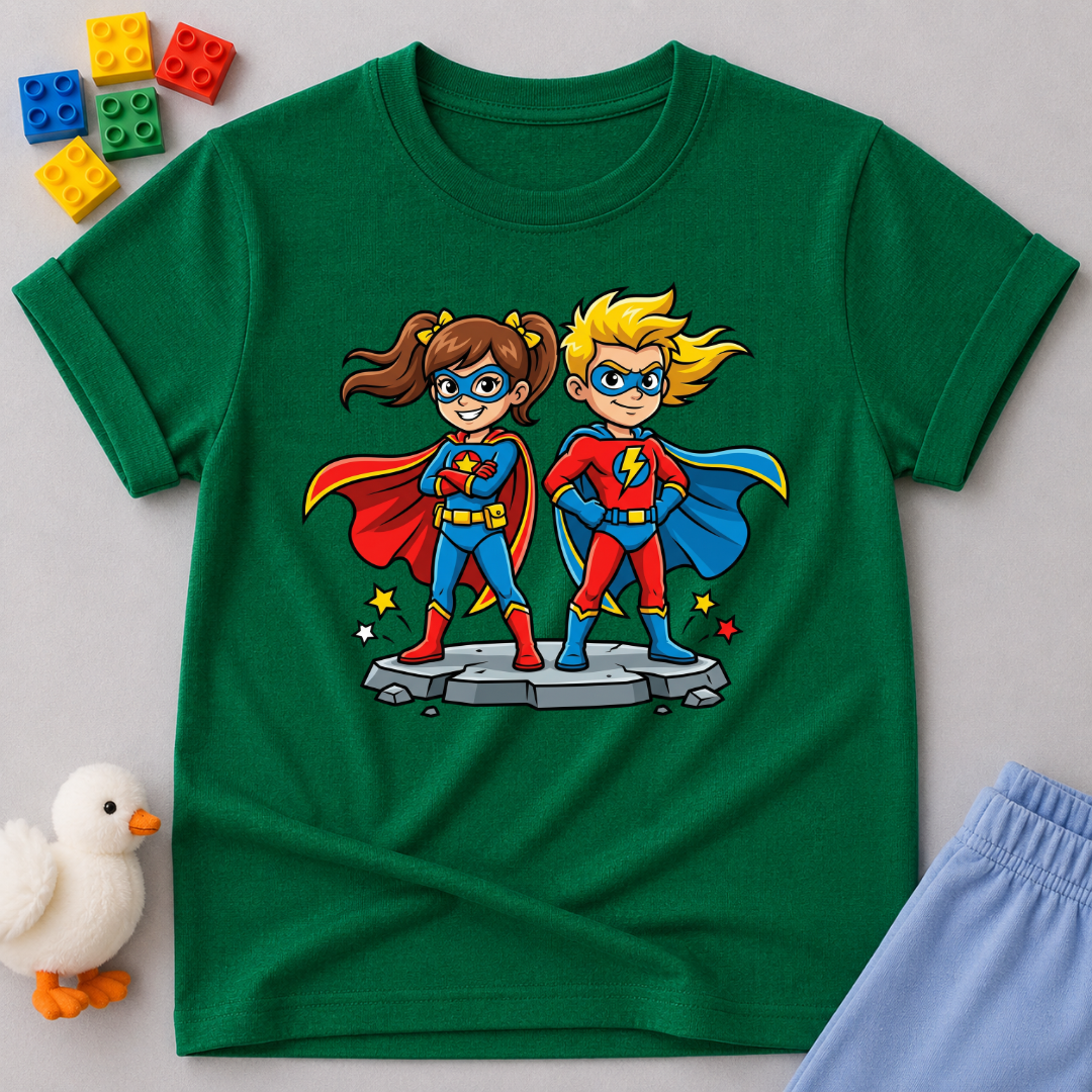 Faith Powered Heroes Christian kids shirt in Green featuring superhero children with faith-inspired artwork