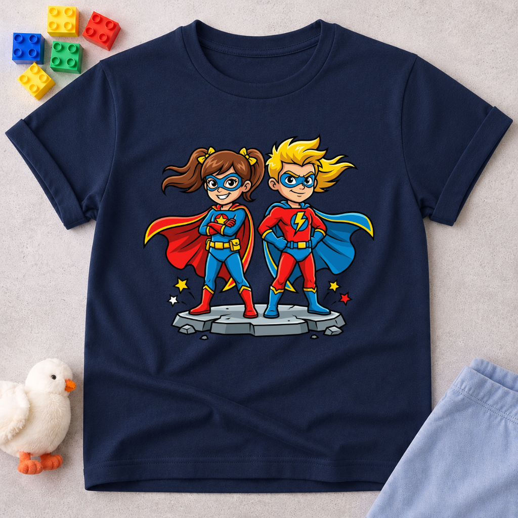 Faith Powered Heroes Christian kids shirt in Navy featuring superhero children with faith-inspired artwork
