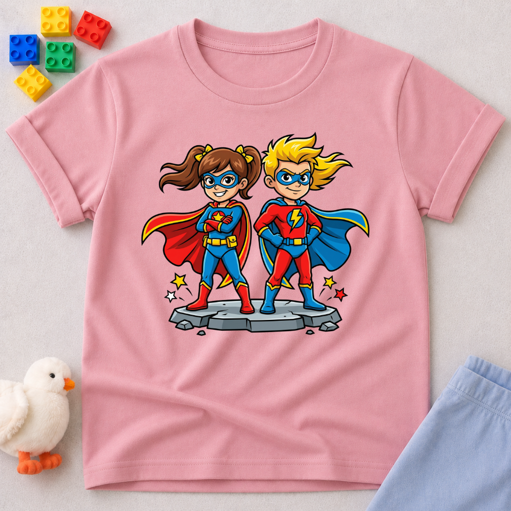 Faith Powered Heroes Christian kids shirt in Pink featuring superhero children with faith-inspired artwork