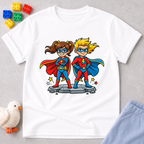 Faith Powered Heroes Christian kids shirt in White featuring superhero children with faith-inspired artwork