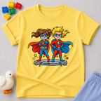 Faith Powered Heroes Christian kids shirt in Yellow featuring superhero children with faith-inspired artwork
