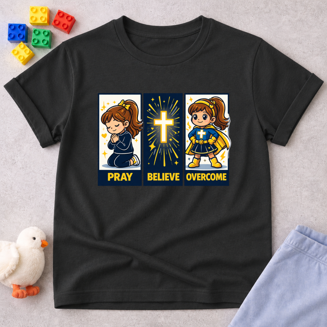 Faith Steps To Victory Christian kids shirt in Black featuring prayer believe overcome faith character artwork