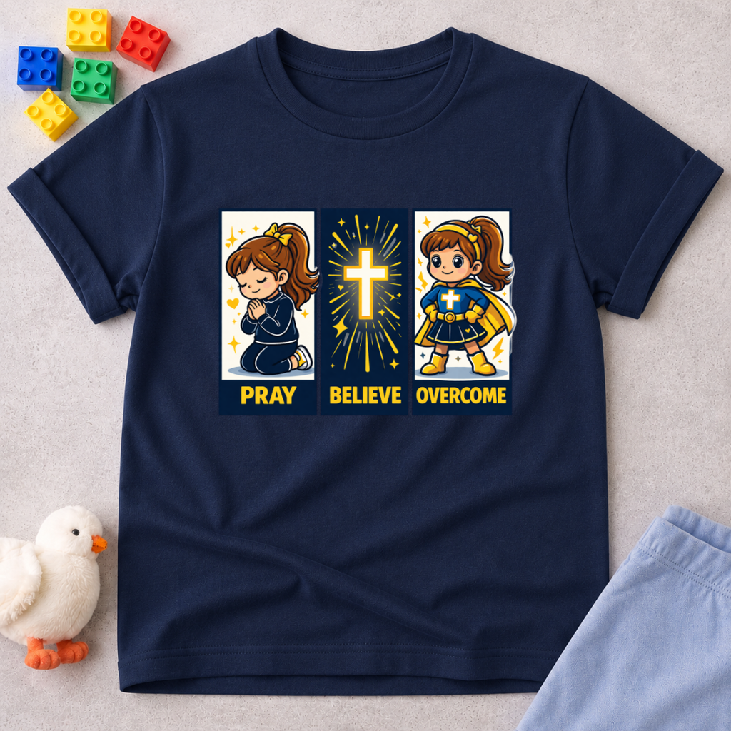 Faith Steps To Victory Christian kids shirt in Navy featuring prayer believe overcome faith character artwork