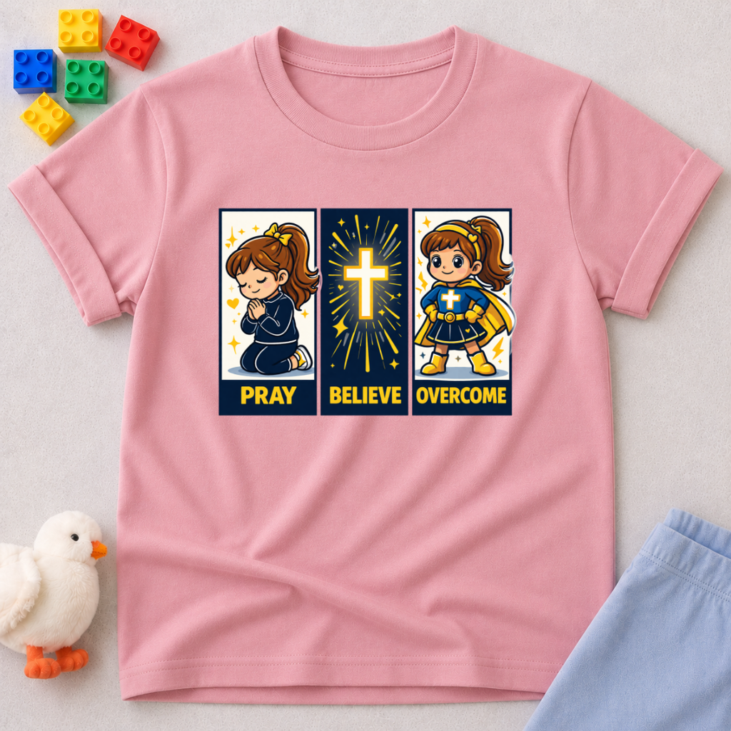 Faith Steps To Victory Christian kids shirt in Pink featuring prayer believe overcome faith character artwork