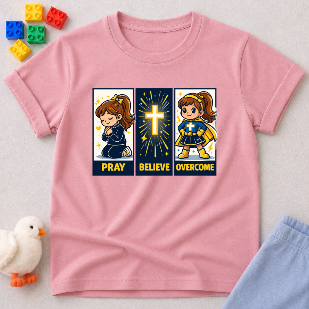 Faith Steps To Victory Christian kids shirt in Pink featuring prayer believe overcome faith character artwork