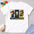 Faith Steps To Victory Christian kids shirt in White featuring prayer believe overcome faith character artwork