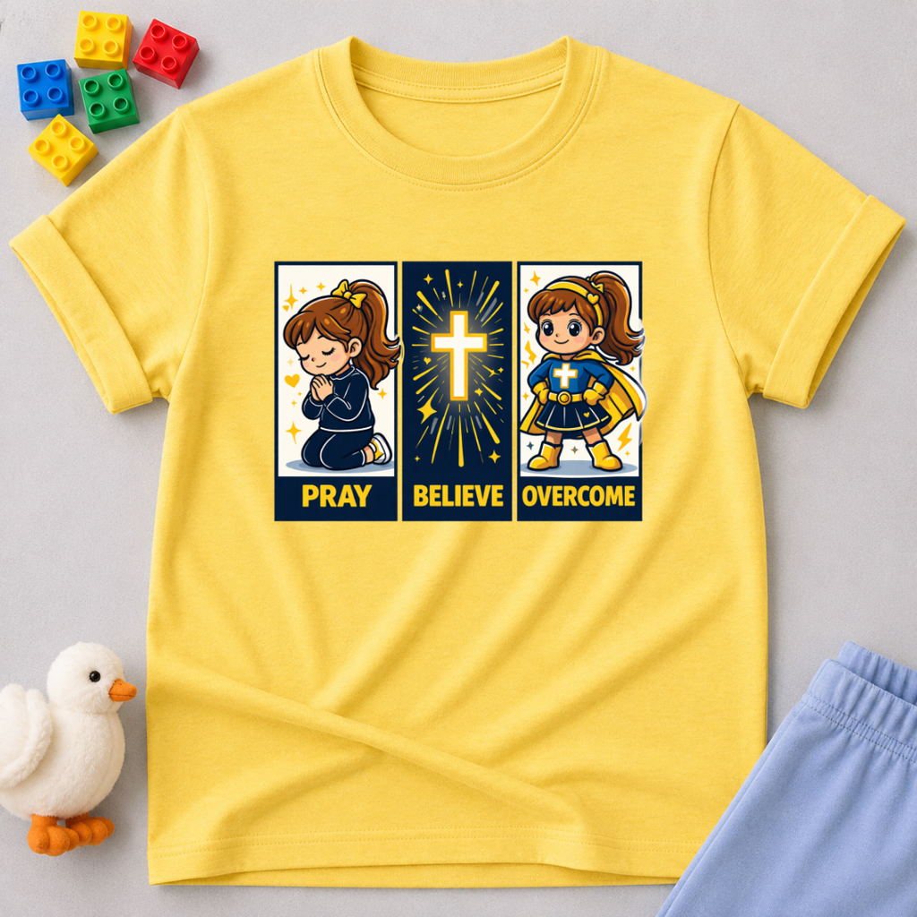 Faith Steps To Victory Christian kids shirt in Yellow featuring prayer believe overcome faith character artwork
