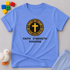Faith Strength Purpose Badge Christian kids shirt in Blue featuring a cross emblem and faith-inspired design