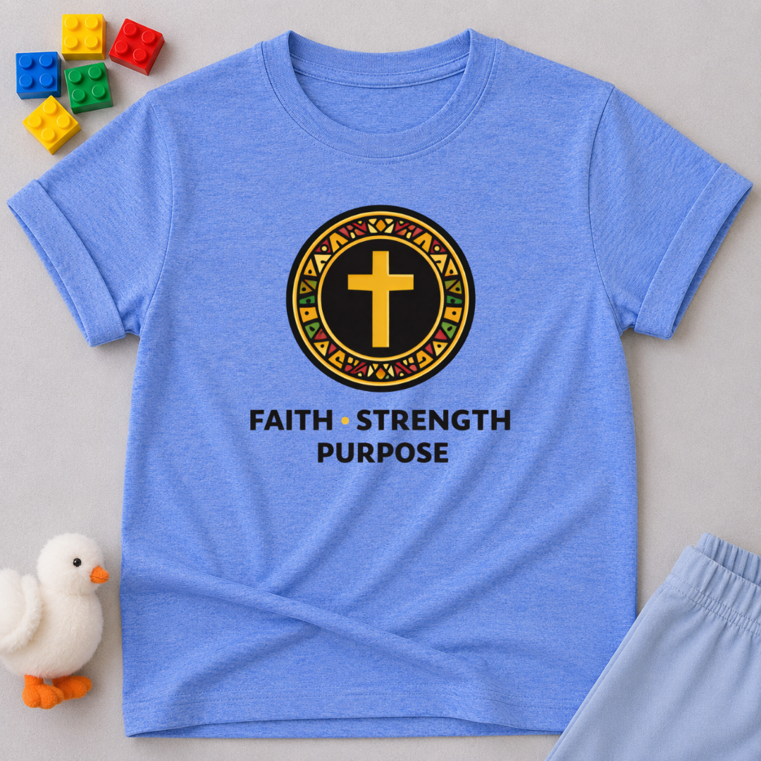 Faith Strength Purpose Badge Christian kids shirt in Blue featuring a cross emblem and faith-inspired design