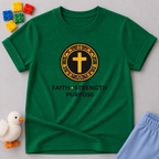 Faith Strength Purpose Badge Christian kids shirt in Green featuring a cross emblem and faith-inspired design