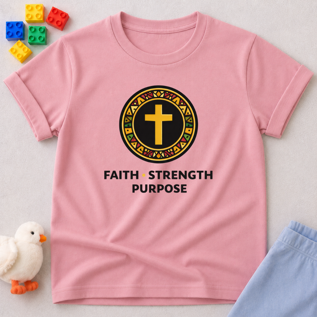 Faith Strength Purpose Badge Christian kids shirt in Pink featuring a cross emblem and faith-inspired design