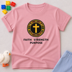 Faith Strength Purpose Badge Christian kids shirt in Pink featuring a cross emblem and faith-inspired design
