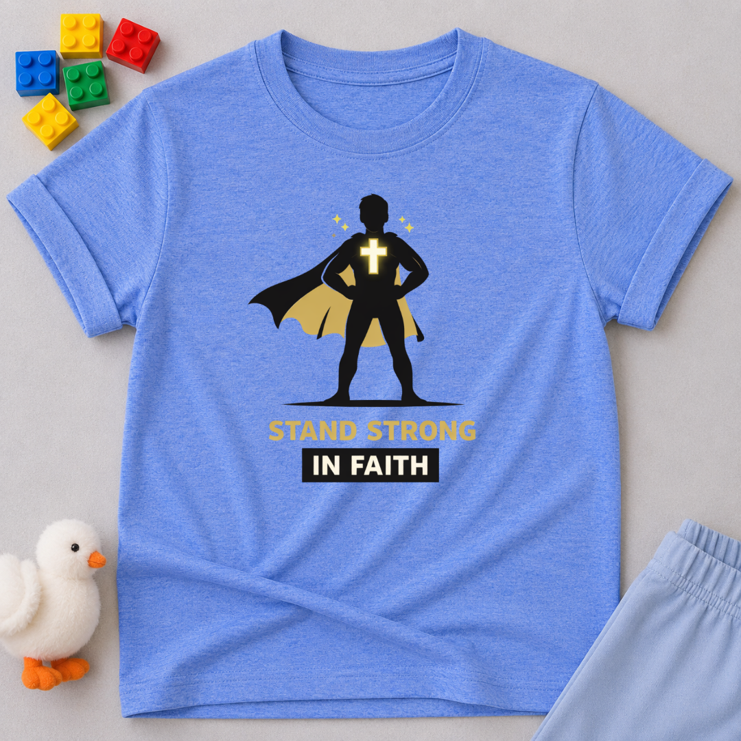 Faith Strong Hero Christian kids shirt in Blue featuring a superhero silhouette standing strong in faith