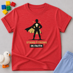 Faith Strong Hero Christian kids shirt in Red featuring a superhero silhouette standing strong in faith