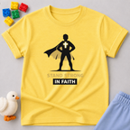 Faith Strong Hero Christian kids shirt in Yellow featuring a superhero silhouette standing strong in faith