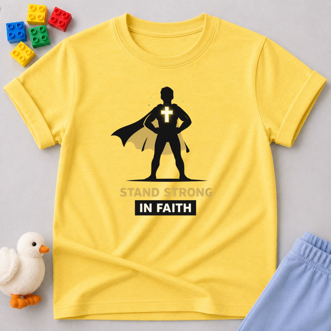 Faith Strong Hero Christian kids shirt in Yellow featuring a superhero silhouette standing strong in faith