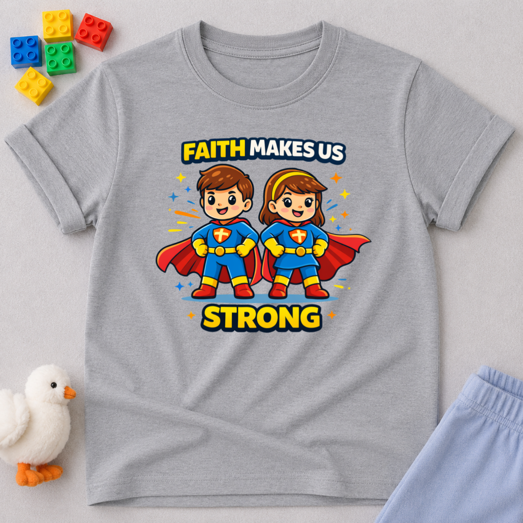 Faith Strong Heroes Shirt Christian kids shirt in Gray featuring superhero children and faith message