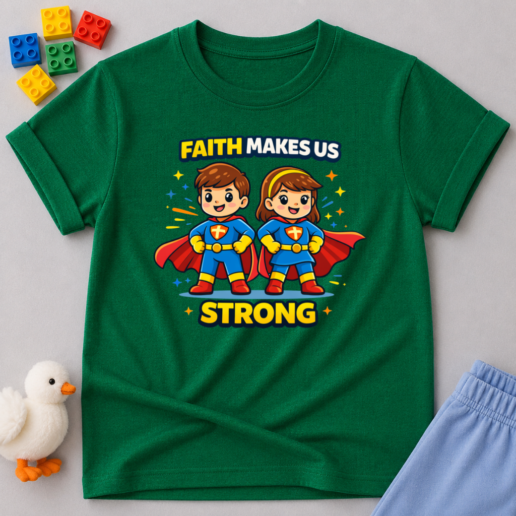 Faith Strong Heroes Shirt Christian kids shirt in Green featuring superhero children and faith message