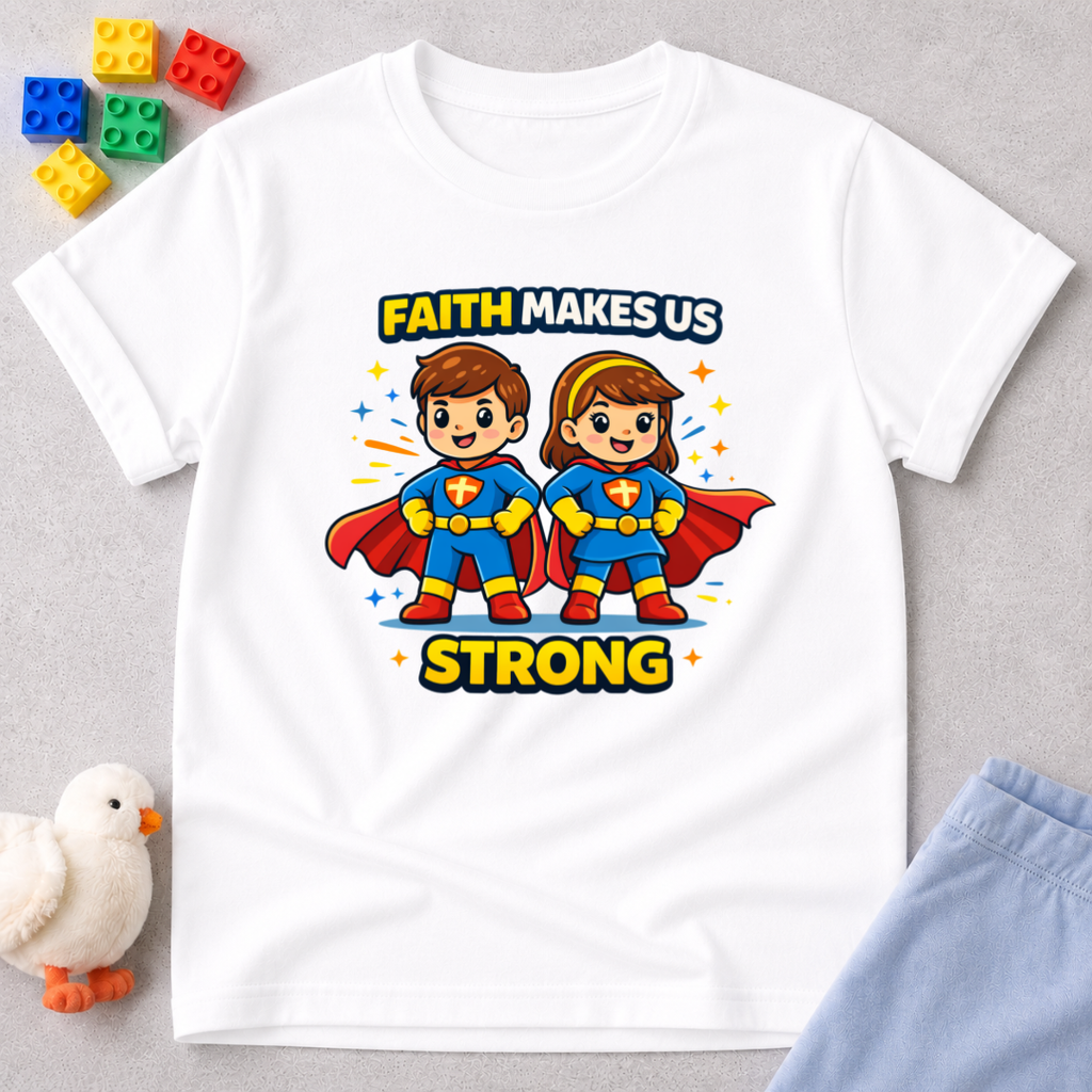Faith Strong Heroes Shirt Christian kids shirt in White featuring superhero children and faith message