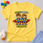 Faith Strong Heroes Shirt Christian kids shirt in Yellow featuring superhero children and faith message
