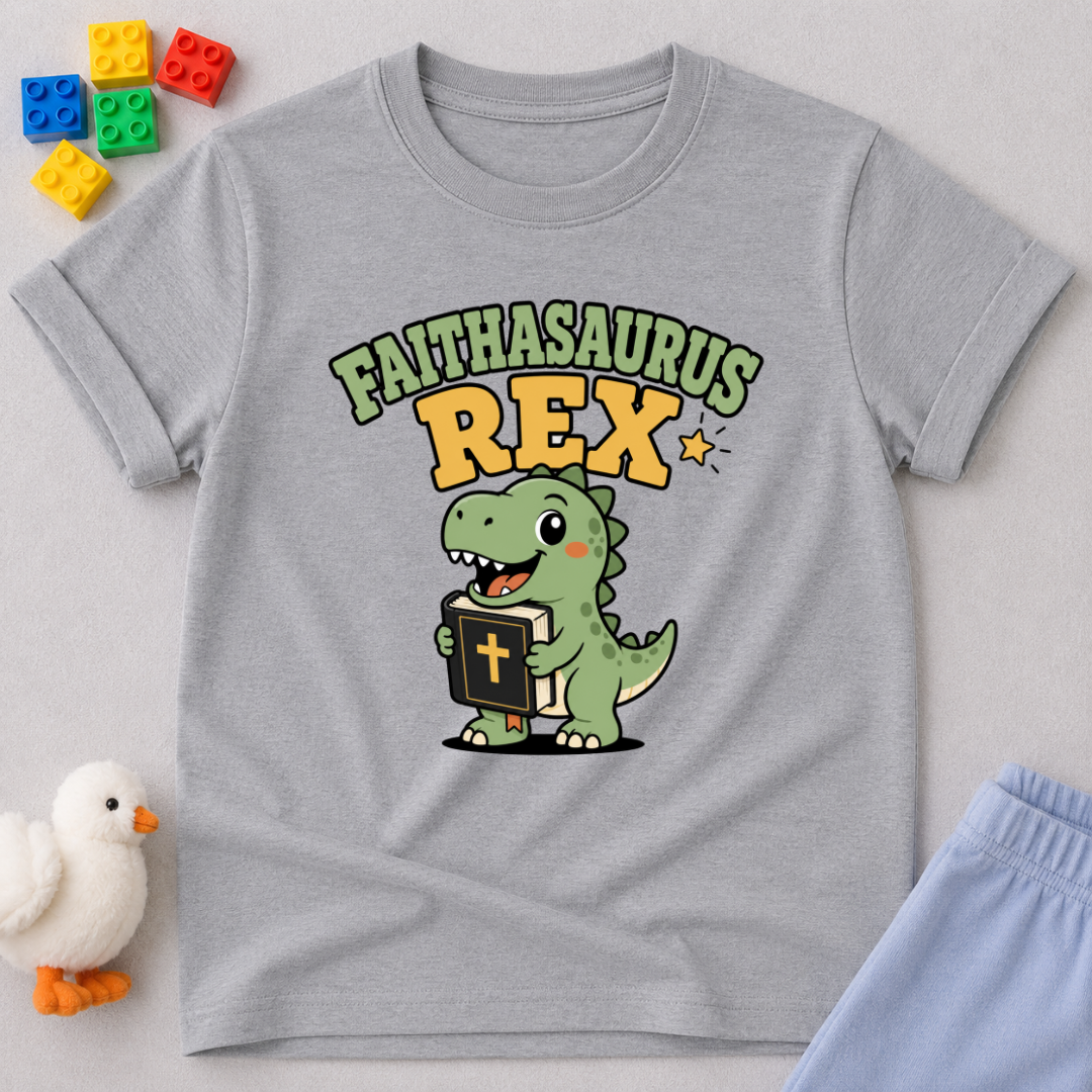 Faithasaurus Rex Dino Shirt Christian kids shirt in gray featuring a dinosaur holding a cross and faith-inspired artwork

