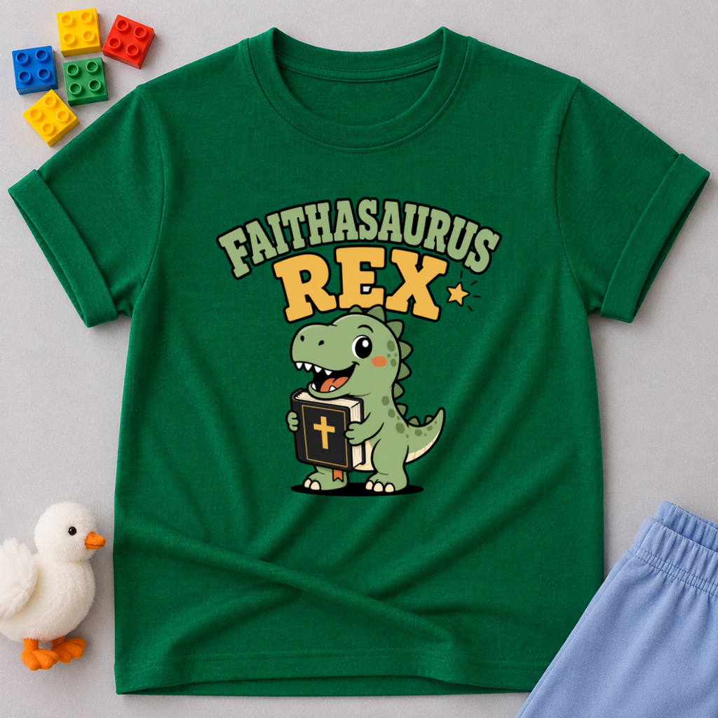 Faithasaurus Rex Dino Shirt Christian kids shirt in green featuring a dinosaur holding a cross and faith-inspired artwork
