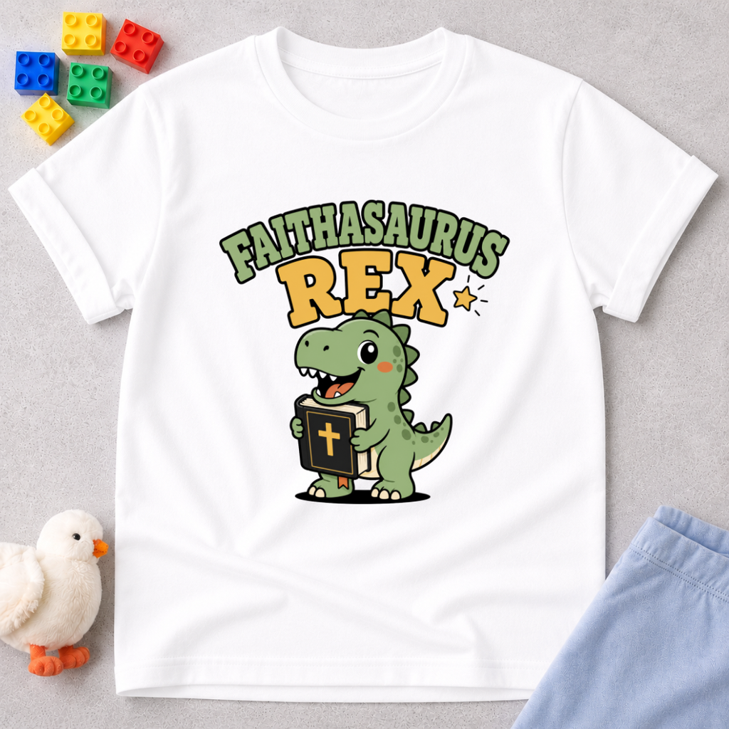 Faithasaurus Rex Dino Shirt Christian kids shirt in white featuring a dinosaur holding a cross and faith-inspired artwork
