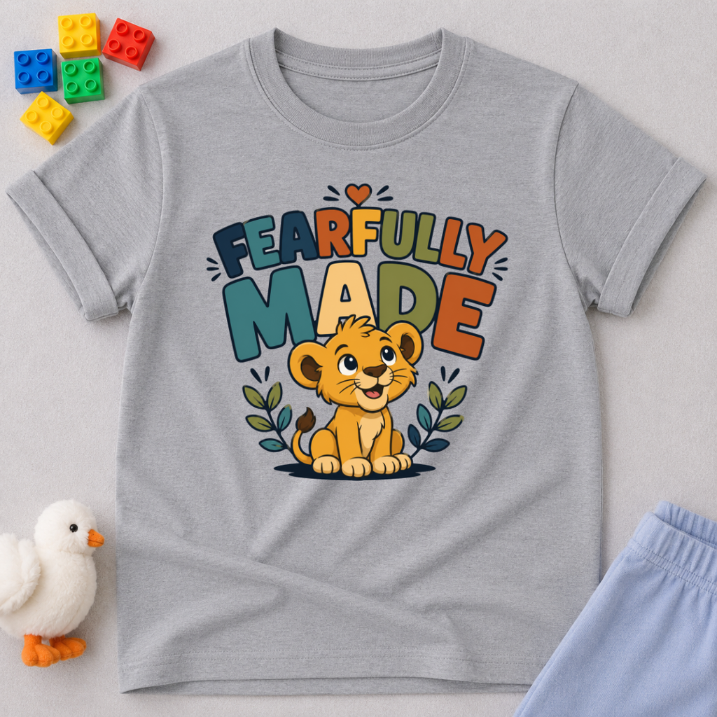 Fearfully Made Lion Christian kids shirt in gray featuring a smiling lion cub with leafy accents
